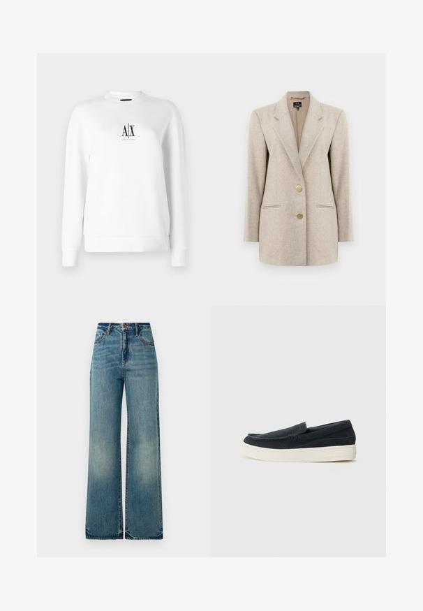 Blazer beige a spina di pesce con rever a punta, due tasche frontali e bottoni dorati. Realizzato in tessuto testurizzato con vestibilità su misura.; Felpa bianca con maniche lunghe, collo a giro, e logo nero "A|X" sul petto. Texture liscia con una vestibilità rilassata. Design semplice, senza motivi.; Jeans in denim azzurro chiaro a gamba larga presentano un alto punto vita, cinque tasche e orli leggermente sfilacciati, evidenziando una finitura testurizzata e scolorita.; Scarpe slip-on in suede blu navy con punta arrotondata, suola in gomma bianca a contrasto e dettagli di cucitura minimi lungo le cuciture.