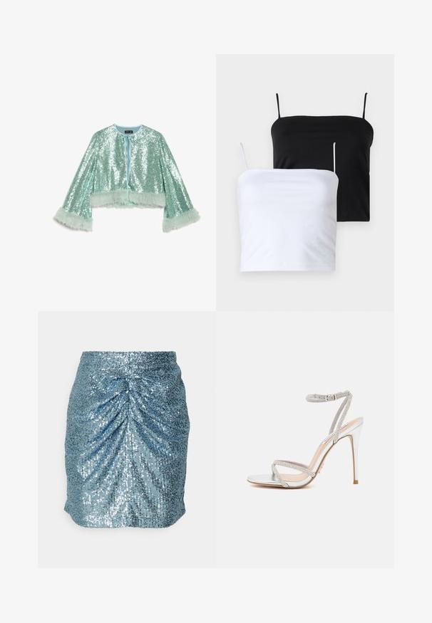 Trumpa, sodriai žalia siuvinėta striukė, apipinta blizgučiais, su raišteliu užsegimu ir pūkuotais, tekstūruotais kailio akcentais ant rankovių.; Du šilti moteriški trumpi marškiniai juodos ir baltos spalvos. Pagaminti iš minkštos medžiagos, su plonomis reguliuojamomis petnešomis. Lygus paviršius, paprastas dizainas, jokių ryškių raštų.; Šviesiai mėlyna mini sijonas su blizgučiais ir susiraukšlėjusia tekstūra, turintis prigludusį siluetą ir spindinčius metalinius akcentus visame paviršiuje.; Sidabriniai aukšti kulniukai su plonomis juostelėmis, puošti cirkonių akmenimis, pasižymintys elegantišku dizainu ir smailiu pirštu.