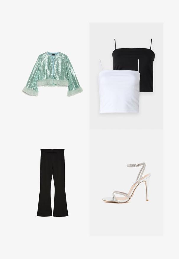 Krótka, skrócona kurtka w kolorze miętowym, pokryta cekinami, z zapięciem na wiązanie oraz puszystymi, teksturowanymi futrzanymi akcentami na rękawach.; Dwie dopasowane topy na ramiączkach w kolorze czarnym i białym. Wykonane z miękkiego materiału z cienkimi, regulowanymi ramiączkami. Gładka tekstura, prosty design, brak widocznych wzorów.; Czarne legginsy w stylu dzwonów wykonane z elastycznej tkaniny. Posiadają szeroki pas i gładką teksturę, z dopasowanym krojem, który rozszerza się ku dołowi.; Srebrne sandały na wysokim obcasie z cienkimi paskami, ozdobione kryształkami, charakteryzujące się eleganckim fasonem i spiczastym noskiem.
