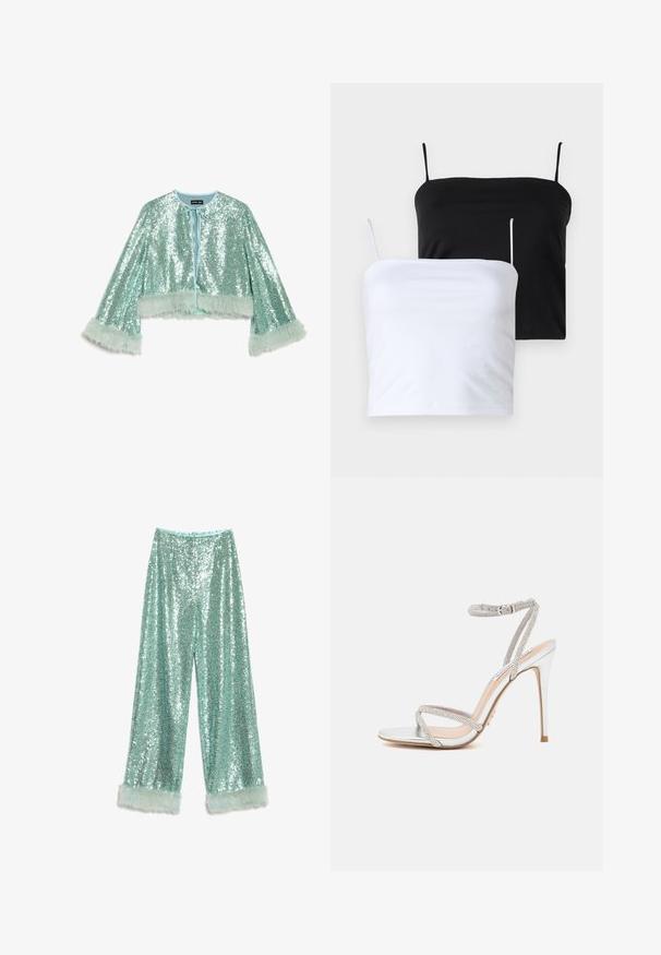Short, cropped jacket in mint green covered with sequins, featuring a tie closure and fluffy, textured fur accents along the sleeves.; Two fitted camisole tops in black and white. Made of soft fabric with thin, adjustable straps. Smooth texture, simple design, no notable patterns.; Sequin wide-leg pants in light blue, featuring a glittery surface and soft faux fur accents at the hem.; Silver high-heeled sandal with thin straps, adorned with rhinestones, featuring a sleek design and a pointed toe.