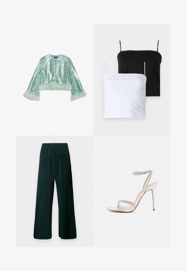 Kort, beskåret jakke i mintgrøn dækket med palietter, med bindelukning og bløde, teksturerede pelsdetaljer langs ærmerne.; To fitted camisole tops i sort og hvid. Fremstillet af blødt stof med tynde, justerbare stropper. Glat tekstur, simpelt design, ingen bemærkelsesværdige mønstre.; Plisserede bukser med brede ben i mørkegrøn. Fremstillet af et blødt stof med et tekstureret design og en elastisk talje for komfort.; Sølv højhælede sandal med tynde stropper, prydet med rhinsten, og med et elegant design og spids tå.