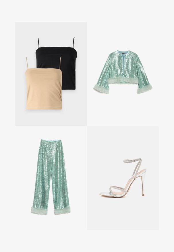 Krátká, zkrácená bunda v mátově zelené barvě pokrytá flitry, s zavazováním na uzel a chlupatými, strukturovanými kožešinovými akcenty na rukávech.; Dvě tílka, jedno černé a jedno béžové. Vyrobená z měkkého, elastického materiálu s tenkými ramínky a přiléhavým tvarem.; Široké kalhoty s třpytivými flitry v světle modré barvě, s jemnými akcenty z měkké umělé kožešiny na lemu.; Stříbrné sandály na vysokém podpatku s tenkými pásky, zdobené kamínky, s elegantním designem a špičatou špičkou.