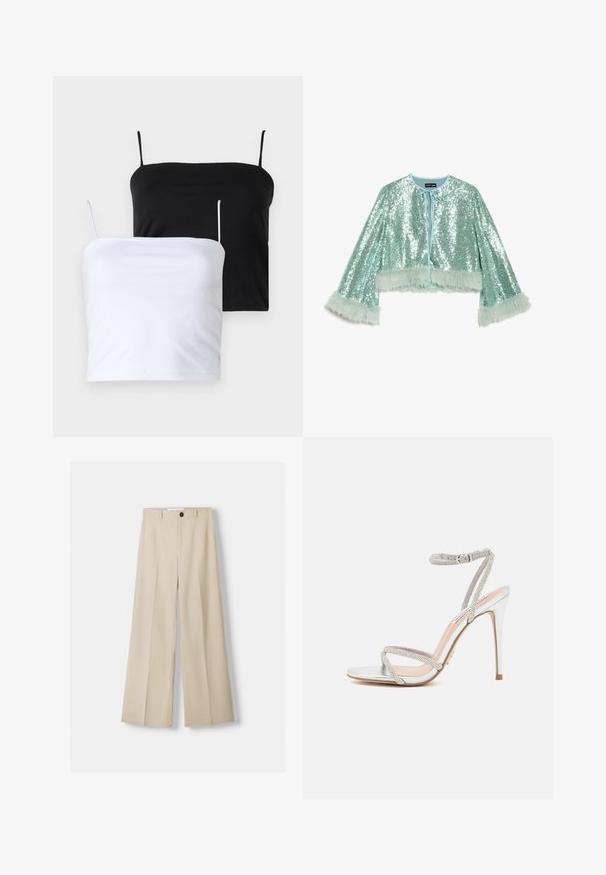 Lyhyt, lyhennetyllä leikkauksella varustettu mintunvihreä takki, joka on koristeltu paljeteilla. Siinä on nauhakiinnitys ja pörröiset, teksturoidut turkiskoristeet hihojen varrella.; Kaksi istuvaa camisole-yläosaa mustana ja valkoisena. Valmistettu pehmeästä kankaasta, jossa on ohuet, säädettävät hihnat. Sujuva pinta, yksinkertainen muotoilu, ei huomattavia kuvioita.; Vaaleanbeige leveälahkeiset housut, joissa on sileä pinta, etupainike ja kaksi sivutaskua. Muotoilu on räätälöity ja edessä on laskostettu yksityiskohta.; Hopeat korkeakorkoiset sandaalit ohuilla remmeillä, joissa on strasseja, tyylikkäällä muotoilulla ja kärjellä.