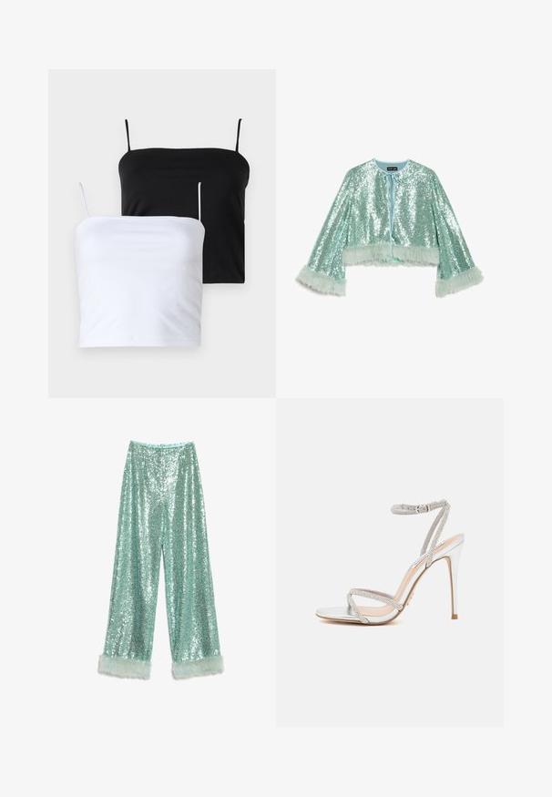 Rövid, felülvarrott dzseki mentazöld színben, flitterekkel borítva, megkötővel, valamint bolyhos, texturált szőrmés díszítéssel az ujjakon.; Két fekete és fehér színű, karcsú camisole felső. Puha anyagból készült, vékony, állítható pántokkal. Sima textúrájú, egyszerű dizájn, nem tartalmaz figyelemre méltó mintákat.; Fényes, világoskék, széles szárú nadrág flitterekkel, puha műszőrme díszítéssel az alján.; Ezüst, magas sarkú szandál vékony pántokkal, strasszokkal díszítve, letisztult dizájnnal és hegyes orral.