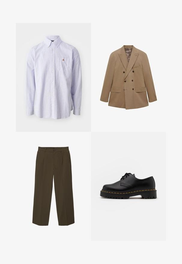 Beige Doppelreiher-Blazer aus strukturiertem Stoff, mit zwei Fronttaschen, Reverskragen und braunen Knöpfen. Leichtes Design.; Langärmliges Hemd in hellblau und weißen Streifen, aus Baumwollmaterial. Verfügt über eine Brusttasche und ein kleines, gesticktes Logo auf der Tasche.; Braune, locker sitzende Hose aus weichem Material mit flachem Frontschnitt, Seitentaschen und einem Knopfverschluss an der Taille. Schlichtes Design ohne Muster.; Schwarze Leder Schnürschuhe mit runder Spitze, strukturiertem Gummisohle und gelben Nähten um den Rand. Flaches Design und glatte Oberfläche.
