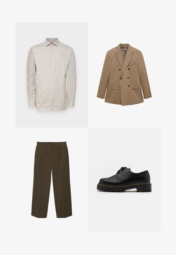 Dwurzędowa beżowa marynarka wykonana z teksturowanej tkaniny, z dwoma przednimi kieszeniami, klapami oraz brązowymi guzikami. Lekka konstrukcja.; Koszula z długim rękawem, zapinana na guziki, w jasnym beżowym kolorze z drobnym wzorem w kratę. Posiada kołnierzyk oraz zapięcie na guziki, wykonana z lekkiego materiału.; Brązowe, luźne spodnie wykonane z miękkiego materiału, z płaskim przodem, kieszeniami bocznymi i zapięciem na guzik w talii. Gładki design, bez wzorów.; Czarne skórzane buty na sznurówki z zaokrąglonym noskiem, teksturowaną gumową podeszwą i żółtym przeszyciem wokół podstawy. Płaski design i gładkie wykończenie.