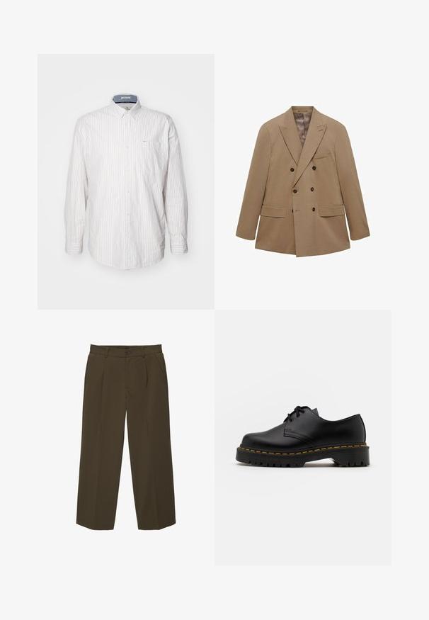 Krásný béžový dvouvrstvý blazer vyrobený z texturované tkaniny, s dvěma předními kapsami, klopovými límci a hnědými knoflíky. Lehká konstrukce.; Světle zbarvená košile s dlouhým rukávem a tenkými vertikálními pruhy. Má límeček s knoflíky a náprsní kapsu. Vyrobena z texturované tkaniny.; Hnědé volné kalhoty vyrobené z měkké látky, s plochým předním dílem, bočními kapsami a knoflíkovým zavíráním v pase. Jednoduchý design bez vzorů.; Černá kůže šněrovací boty s kulatou špičkou, texturovanou gumovou podrážkou a žlutým prošíváním kolem základny. Plný design a hladký povrch.