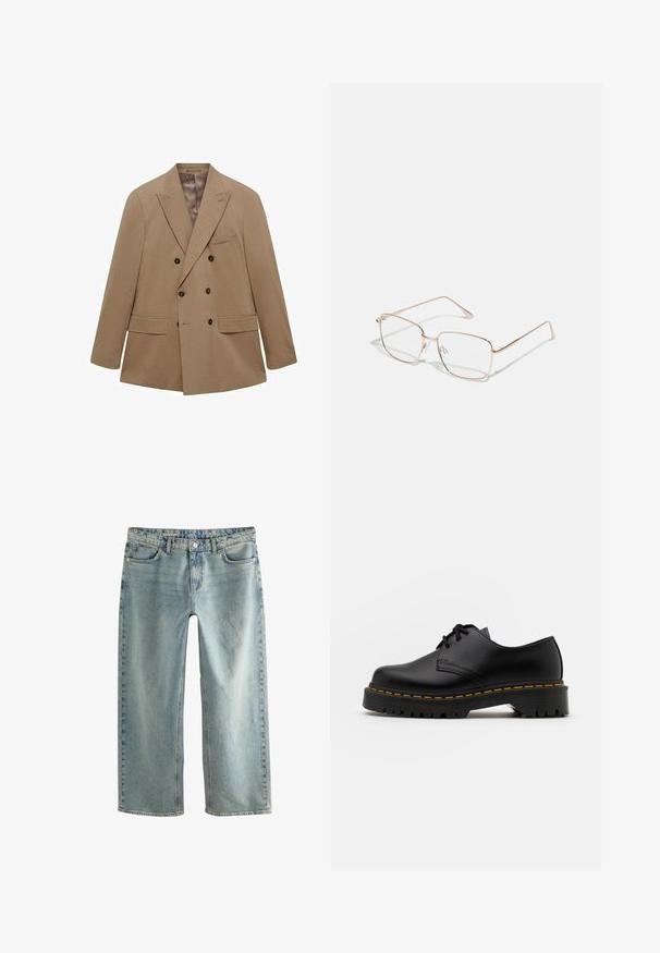 Valkoinen kaksirivinen bleiseri, joka on valmistettu teksturoidusta kankaasta. Hihassa on kaksi etutaskua, viistetyt kaulukset ja ruskeat napit. Kevyt muotoilu.; Valkoinen pitkähihaine paita, joka on valmistettu pehmeästä materiaalista. Siinä on leveä pyöreä pääntie ja rento istuvuus. Silkkinen pinta ja ribattu hihansuunsuu.; Vaaleansiniset farkut, joissa on löysä malli, suoraviivainen leikkaus, viisi taskua ja näkyvä metallinen nappikiinnitys.; Musta nahkainen nauhakenkä, jossa on pyöreä kärki, kuvioitu kumipohja ja keltaiset tikit ympäri pohjaa. Litteä muotoilu ja sileä pinta.; Suorakulmaiset lasit, joissa on ohuet, vaaleanpunakultaiset metalli-askelmat. Linssit ovat kirkkaat, ja sankat ovat hoikat, joissa on hienovaraiset saranatiedot.; Vihreä solmio, jossa on oranssi ja sininen paisley-kuvio. Valmistettu kankaasta, siinä on terävä pää ja pieni etiketti kapeassa päässä.; Musta nahkainen matkalaukku, jossa on pyöristetyt kahvat, irrotettava olkahihna ja hienovaraiset ompeluyksityiskohdat. Silkkinen pinta ja käytännöllinen muotoilu.