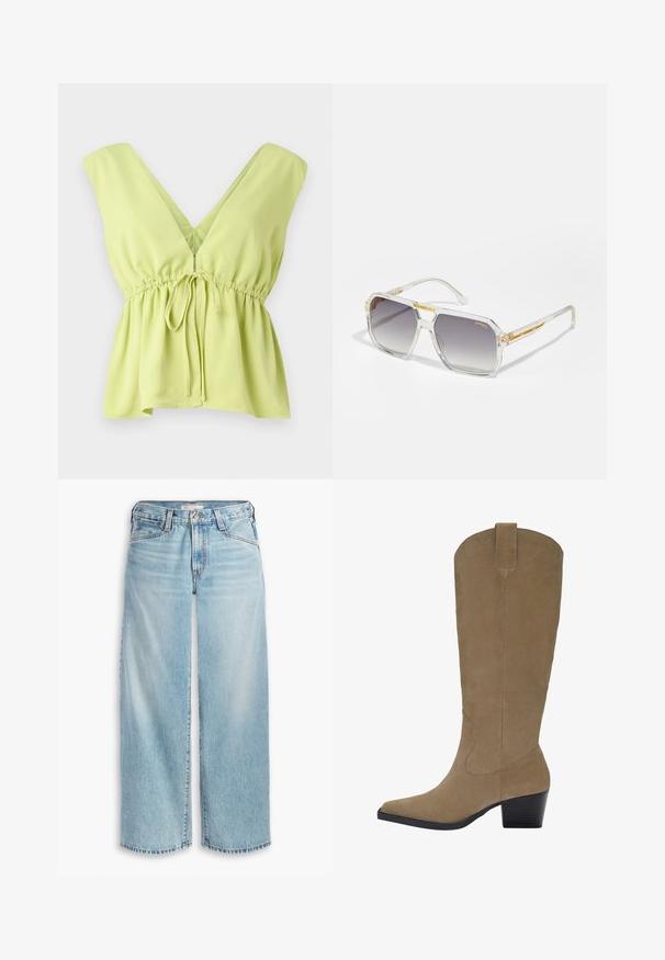 Gul linned blazer med notched klap og stribet indvendig foring. Etiket angiver materiale sammensætning og brand.; Lys grøn, ærmeløs bluse med dyb V-udskæring, samlet talje og bånddetalje. Fremstillet af glat, letvægtsstof.; Lys beige ærmeløs top i ribbet stof med rund halsudskæring og knapdetalje foran. Glat tekstur og tætsiddende design.; Lys blå brede jeans lavet af denim, med høj talje, knaplukning og frynsede kanter. Synlig syning og lommer.; Knæhøje, lysebrune ruskindsstøvler med spids tå, stablet hæl og syningsdetaljer langs siderne. Glat tekstur og struktureret design.; Carrera VICTORY UNISEX - Solbriller - transparent; Guldtekstureret taske med en glat læderrem, der har en lynlåslukning og et diskret logomønster trykt på overfladen.