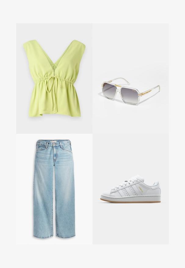 Keltainen pellavablazeri, jossa on lovettu kaulus ja raidallinen sisävuori. Tunnuksessa ilmoitetaan materiaalikoostumus ja brändi.; Vaaleanvihreä, hihaton pusero, jossa on syvä V-pääntie, laskostettu vyötärö ja solmiyyksikkö. Valmistettu sileästä, kevyestä kankaasta.; Vaaleanbeige hihaton toppi, joka on valmistettu ribbikankaasta. Sen pyöreä pääntie ja nappikiinnitys antavat sille ilmettä. Sujuva rakenne ja vartalonmyötäinen muoto.; Vaaleansiniset liehuhousut, jotka on valmistettu denimistä. Housuissa on korkea vyötärö, nappisulku ja hienosti kulutettu helma. Näkyvä ompelu ja taskut.; Valkoiset tennarit, joissa on läpikuultava kolmiraidallinen muotoilu, tekstuuriset korostukset, kumipohja ja kultainen "CAMPUS" -logo sivulla.; Carrera VICTORY UNISEX - Aurinkolasit - transparent; Käsilaukku kullanvärisessä tekstuurissa, jossa on sileä nahkahihna, varustettu vetoketjusuljennalla ja huomaamattomalla logo-kuviolla pinnalla.