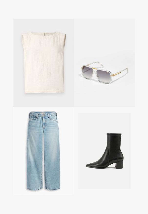 Dzeltena lina žakete ar izgrieztu pŗlacketi un svītrainu iekšējo oderi. Etiķete norāda materiāla sastāvu un zīmolu.; Bez piedurknēm, krēmkrāsas augšdaļa, izgatavota no viegla auduma, ar apaļu dekoltē, smalku tekstūru un taisnu apakšmalu. Nav redzamu aizdares elementu.; Gaiši zili platās kājas džinsi, izgatavoti no denima, ar augstu jostasvietu, pogu aizdari un saplēstu apakšmali. Redzama šūšana un kabatas.; Melnas potītes zābaki, kas izgatavoti no gludas ādas, ar smailu purngalu, blokveida papēdi un izteiktu paceltu šuvumu augšējā malā.; Carrera VICTORY UNISEX - Saulesbrilles - transparent; Zelta tekstūras soma ar gludu ādas siksnu, piedāvā ar rāvējslēdzēju aizdari un smalku logotipa rakstu uz virsmas.