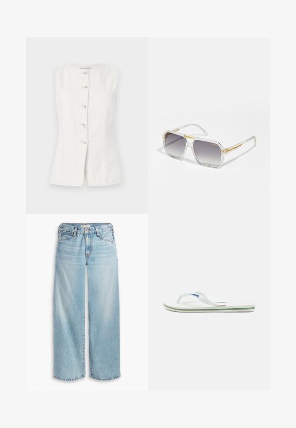 Geel linnen blazer met een notch-lapel en gestreepte binnenvoering. Het label geeft de materiaalsamenstelling en het merk aan.; Witte mouwloze denim gilet met een ronde halslijn en vijf knopen aan de voorkant. Heeft zijnaad voor een getailleerde pasvorm.; Lichtblauwe wijde jeans van denim, met een hoge taille, knoopsluiting en een rafelige zoom. Zichtbare stiksels en zakken.; Witte flip-flops met een gestructureerde voetbed, slanke bandjes en een veelkleurige accentlijn op de zool. Voorzien van een logo op het bandje.; Carrera VICTORY UNISEX - Zonnebril - transparent; Handtas met gouden textuur en een glad leren schouderband, voorzien van een ritsluiting en subtiel logo-patroon op de oppervlakte.