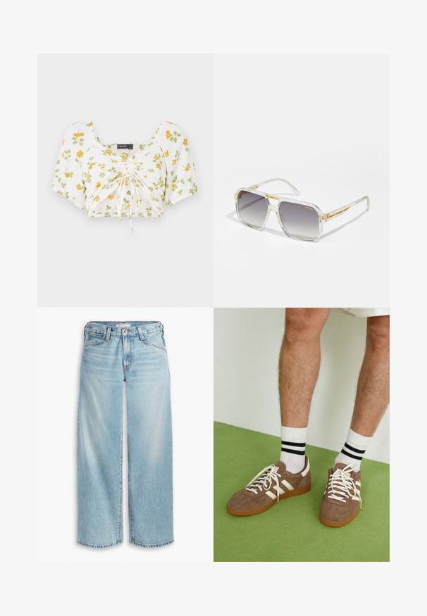 Žltý ľanový blejzer s klopovým golierom a pruhovanou podšívkou. Štítok uvádza zloženie materiálu a značku.; Biele krátke tričko s krátkymi nafúknutými rukávmi, s kvetinovým vzorom v žltej a zelenej farbe. Zúžené v strede s nastaviteľnými šnúrkami pre lepšie prispôsobenie.; svetlo béžová bezrukávová blúzka z rebrového materiálu s okrúhlym výstrihom a detailom gombíkov na prednej strane. Hladká textúra a priliehavý strih.; Svetlomodré džíny s voľnými nohavicami vyrobené z denimu, s vysokým pásom, gombíkovým zapínaním a rozstrapkaným lemom. Viditeľné švy a vrecká.; Hnedé zamatové tenisky s bielymi akcentmi a šnúrkami. Gumová podrážka. Nosené s bielymi ponožkami so čiernymi pruhmi. Zelená textúrovaná podlaha.; Carrera VICTORY UNISEX - Slnečné okuliare - transparent; Kabelka so zlatou textúrou a hladkým koženým popruhom, s uzáverom na zips a jemným logom potlačeným na povrchu.