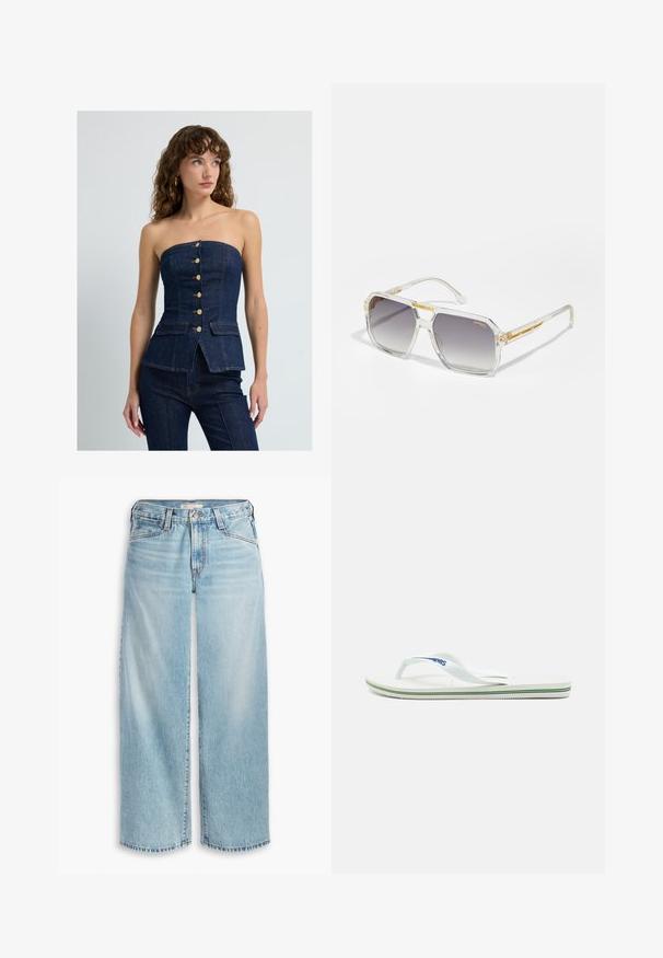 Žlutý lněný blazer s klopovým límcem a pruhovanou vnitřní podšívkou. Na štítku jsou uvedeny informace o složení materiálu a značka.; Tmavě modrý bezramenný top se přiléhavou siluetou, předními knoflíky a dvěma náprsními kapsami. Obsahuje peplum lem a kontrastní prošívání.; Svetle modré široké džíny z denimu, s vysokým pasem, knoflíkovým zapínáním a roztrhaným lemem. Viditelné švy a kapsy.; Bílé žabky s texturovanou podešví, úzkými pásky a vícebarevnou ozdobnou linkou na podrážce. Na pásku je umístěno logo.; Carrera VICTORY UNISEX - Sluneční brýle - transparent; Kabelka s texturou zlata s hladkým koženým popruhem, která má zipové zavření a jemný vzor loga tištěný na povrchu.