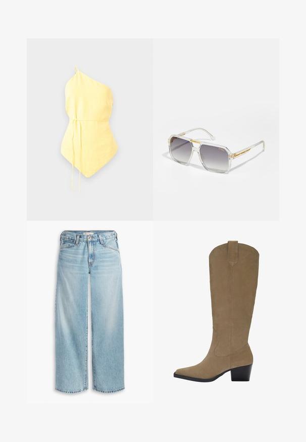 Keltainen pellavablazeri, jossa on lovettu kaulus ja raidallinen sisävuori. Tunnuksessa ilmoitetaan materiaalikoostumus ja brändi.; Yksipuoleinen keltainen toppi, joka on valmistettu kevyestä kankaasta. Mukana on kiristetty vyötärö säädettävillä nauhoilla ja terävä helma. Pehmeä rakenne.; Vaaleanbeige hihaton toppi, joka on valmistettu ribbikankaasta. Sen pyöreä pääntie ja nappikiinnitys antavat sille ilmettä. Sujuva rakenne ja vartalonmyötäinen muoto.; Vaaleansiniset liehuhousut, jotka on valmistettu denimistä. Housuissa on korkea vyötärö, nappisulku ja hienosti kulutettu helma. Näkyvä ompelu ja taskut.; Pohjepituinen vaaleanruskea mokkasaappaat, joissa on kärjelliset varpaat, kasattua korkoa ja sauma-alueen yksityiskohtia. Sileä pinta ja jämäkkä muotoilu.; Carrera VICTORY UNISEX - Aurinkolasit - transparent; Käsilaukku kullanvärisessä tekstuurissa, jossa on sileä nahkahihna, varustettu vetoketjusuljennalla ja huomaamattomalla logo-kuviolla pinnalla.