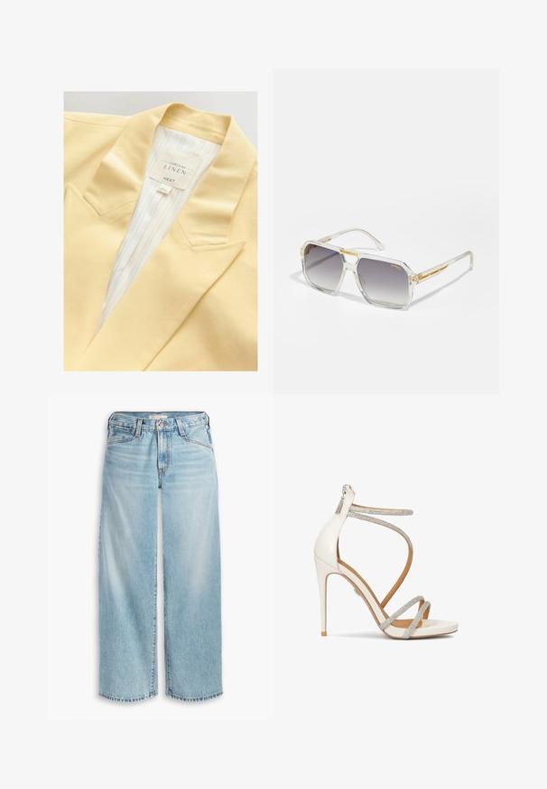 Kollane linane bleiser, millel on nurgalõige ja triibuline vooder. Silt näitab materjali koostist ja brändi.; Valge sobiv t-särk, mis on valmistatud puuvillast, ümarate krae ja lühikeste varrukatega, esiküljel on helesinine brodeeritud logo.; Heledad sinised laia säärega teksad, mis on valmistatud denimist, kõrge vöökoht, nööpidega kinnitamine ja kulunud serv. Nähtavad õmblused ja taskud.; Valged kõrged kontsad, millel on sädelevad hõbedased rihmad, avatud varvased ja tagumine lukustus. Sile tekstuur, stiilne disain ja terav konts.; Carrera VICTORY UNISEX - Päikeseprillid - transparent; Kuldse tekstuuriga käekott, millel on sile nahkrihm, varustatud tõmblukuga ja õrna logo mustriga trükituna pinna peale.