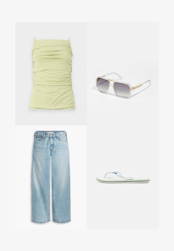 Keltainen pellavablazeri, jossa on lovettu kaulus ja raidallinen sisävuori. Tunnuksessa ilmoitetaan materiaalikoostumus ja brändi.; Rypistyttävä, vaaleanvihreä hihaton toppi, jossa on ohuet hihnat. Valmistettu pehmeästä ja joustavasta kankaasta. Ominaisuuksiin kuuluu istuva siluetti ja teksturoitu muotoilu kauttaaltaan.; Vaaleansiniset liehuhousut, jotka on valmistettu denimistä. Housuissa on korkea vyötärö, nappisulku ja hienosti kulutettu helma. Näkyvä ompelu ja taskut.; Valkoinen flip-flop, jossa on teksturoitu pohja, kapeat remmit ja monivärinen korostuslinja pohjassa. Remmissä on logo.; Carrera VICTORY UNISEX - Aurinkolasit - transparent; Käsilaukku kullanvärisessä tekstuurissa, jossa on sileä nahkahihna, varustettu vetoketjusuljennalla ja huomaamattomalla logo-kuviolla pinnalla.