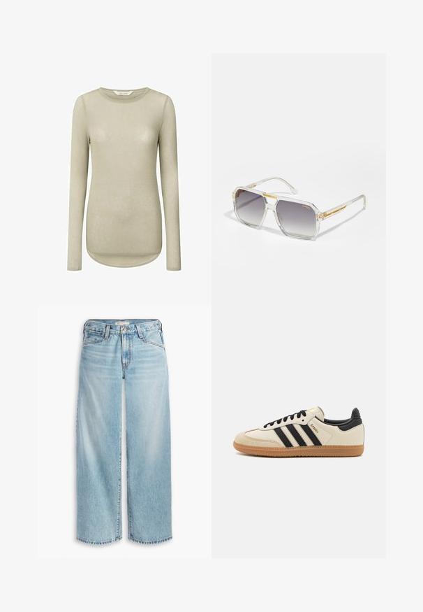 Blazer giallo in lino con revers a punta e foderato a righe. L'etichetta indica la composizione del materiale e il marchio.; Camicia a maniche lunghe color beige chiaro con scollatura rotonda e orlo curvo. Realizzata in tessuto morbido e liscio con cuciture minime e senza fantasie.; Jeans ampi di colore blu chiaro realizzati in denim, con vita alta, chiusura a bottoni e orlo sfilacciato. Cuciture e tasche visibili.; Scarpa sportiva beige con strisce nere, suola in gomma naturale e dettagli neri. Presenta una tomaia in pelle liscia e un design a punta arrotondata.; Carrera VICTORY UNISEX - Occhiali da sole - transparent; Borsa con texture dorata, dotata di una tracolla in pelle liscia, con chiusura a zip e un motivo logo sottile stampato sulla superficie.