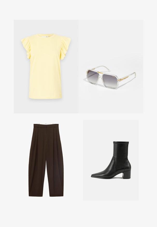 Gul linned blazer med notched klap og stribet indvendig foring. Etiket angiver materiale sammensætning og brand.; Gul t-shirt med korte flæsekorte ærmer, rund hals og en glat bomuldsstruktur. Enkel design uden mønstre eller dekorationer.; Brune højtaljede bukser med folder, lavet af glat stof. Løs pasform, straight leg design, med bæltestropper og lynlås.; Sorte ankelstøvler lavet af glat læder, med spids tå, en blokhæl og markant hævet syning ved den øverste kant.; Carrera VICTORY UNISEX - Solbriller - transparent; Guldtekstureret taske med en glat læderrem, der har en lynlåslukning og et diskret logomønster trykt på overfladen.
