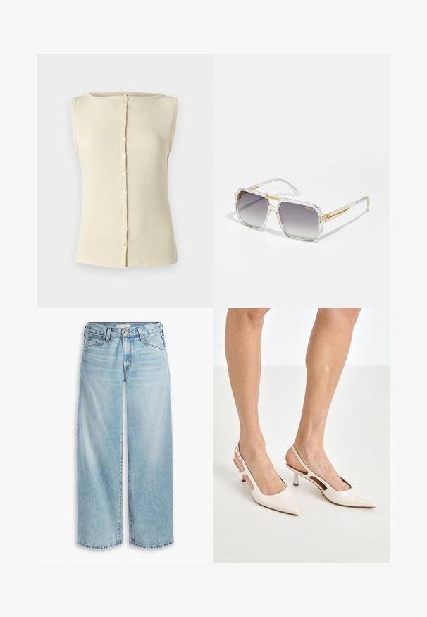 Blazer en lin jaune avec un col cranté et une doublure intérieure rayée. L'étiquette indique la composition du matériau et la marque.; Haut sans manches beige clair en tissu côtelé, avec un col rond et un détail de boutons sur le devant. Texture lisse et design ajusté.; Jean large bleu clair en denim, avec une taille haute, une fermeture à boutons et un ourlet effilé. Coutures visibles et poches.; Escarpins à talon slingback en cuir verni beige avec un bout pointu et un talon de 5 cm, présentant des côtés découpés et une fine bride à la cheville.; Carrera VICTORY UNISEX - Lunettes de soleil - transparent; Sac à main texturé or avec une sangle en cuir lisse, doté d'une fermeture éclair et d'un motif de logo subtil imprimé sur la surface.