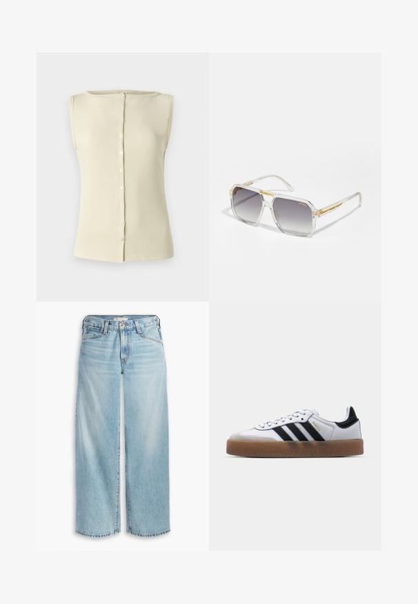 Sárga vászon blézer, amelyet kihajtható gallér és csíkozott bélés jellemez. A címke jelzi a szövet összetételét és a márkát.; Világos bézs, ujjatlan, bordás anyagból készült felső, kerek nyakkivágással és gombos elemmel. Simma textúra és testhezálló fazon.; Világoskék, bő szárú farmernadrág, magas derekú, gombos zipzárral és foszlott szegéllyel. Látható varrásokkal és zsebekkel.; Fehér bőr sportcipők fekete csíkokkal, gumiabroncsos talppal, kerek orral, fűzős záródással és puha szürke velúr orrésszel.; Carrera VICTORY UNISEX - Napszemüvegek - transparent; Arany textúrájú kézitáska sima bőrszíjjal, cipzárral záródik, és diszkrét logós mintázattal van ellátva a felületén.