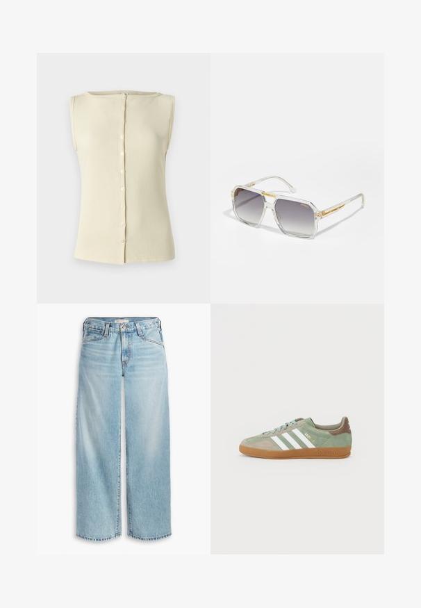 Gelber Leinenblazer mit einem geschlitzten Revers und gestreifter Innenauskleidung. Das Etikett gibt die Materialzusammensetzung und die Marke an.; Helles beige ärmelloses Top aus geripptem Stoff, mit einem runden Halsausschnitt und einer Knopfdetailleiste vorne. Sanfte Textur und figurbetonter Schnitt.; Hellblaue, weit geschnittene Jeans aus Denim mit hoher Taille, Knopfverschluss und ausgefranstem Saum. Sichtbare Nähte und Taschen.; Grüne Wildledersneaker mit drei weißen Streifen, Gummigummisohle und goldener "Gazelle"-Schriftzug an der Seite. Texturierte Einsätze und Schnürsenkel.; Carrera VICTORY UNISEX - Sonnenbrille - transparent; Goldfarbene Handtasche mit einem glatten Ledertrageriemen, ausgestattet mit einem Reißverschluss und einem dezenten Logo-Muster, das auf der Oberfläche aufgedruckt ist.