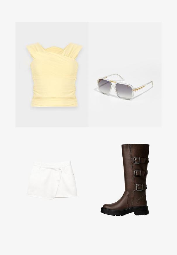 Blazer en lin jaune avec un col cranté et une doublure intérieure rayée. L'étiquette indique la composition du matériau et la marque.; Top sans manches jaune avec des bretelles croisées, des détails froncés et une coupe ajustée. Fabriqué en tissu lisse et extensible.; Mini-jupe en denim blanc avec un design drapé, dotée d'une fermeture à bouton à l'avant, de deux poches latérales et d'un tissu lisse au toucher.; Botte en cuir marron jusqu'au genou avec trois boucles métalliques, surface texturée, bout rond et semelle épaisse pour la stabilité.; Carrera VICTORY UNISEX - Lunettes de soleil - transparent; Sac à main texturé or avec une sangle en cuir lisse, doté d'une fermeture éclair et d'un motif de logo subtil imprimé sur la surface.