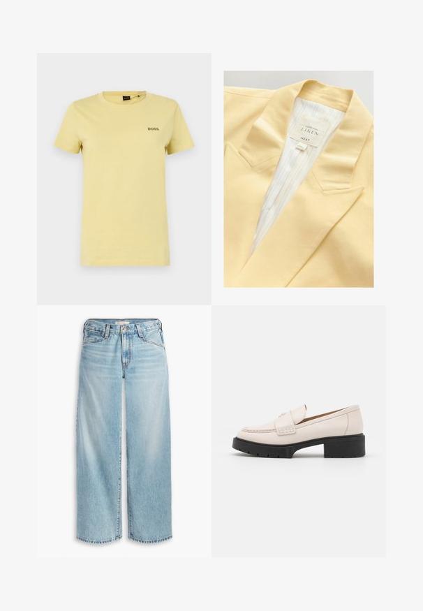 Žuti laneni sako s reverima i prugastim unutarnjim postavom. Na oznaci se nalaze informacije o sastavu materijala i brendu.; Žuta pamučna majica s okruglim izrezom, kratkim rukavima i malim tamno sivim "BOSS" logotipom na lijevoj strani prsnog koša. Glatka tekstura.; Svijetloplave široke traperice od denima, s visokim strukom, dugmadi na prednjem dijelu i izrezanim rubom. Vidljive šavove i džepove.; Svijetlosmeđi kožni loaferi s ušivenim prednjim dijelom i teksturiranim crnim platformastim potplatom. Imaju zakrivljeni dizajn i blagu elevaciju.