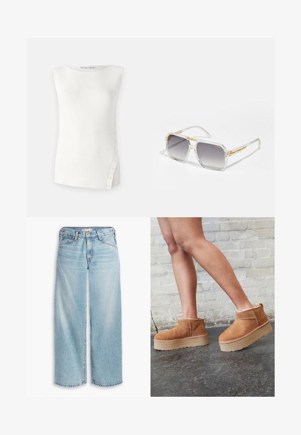 Geltonas lininis švarkas su išpjautu atlapu ir dryžuota vidine pamušalu. Etiketė nurodo medžiagos sudėtį ir prekės ženklą.; Balta be rankovių bluzelė, pagaminta iš raukšlėtos medžiagos, su apvaliu iškirpimu ir mažomis sagutėmis palei kairįjį siūlę kaip detalė.; Šviesiai mėlynų džinsų plačiomis kojomis, pagamintų iš džinsinio audinio, su aukštu liemeniu, mygtukų užtrauktuku ir nupjautais kraštais. Matomi siūlai ir kišenės.; Rudos zomšiniai kulkšniniai batai su minkštu pamušalu, storu smėlio spalvos platforminiu padu ir gale esančia kilpa. Tekstūruotas paviršius su matomais siuvimo detalėmis.; Carrera VICTORY UNISEX - Akiniai nuo saulės - transparent; Auksinės tekstūros rankinė su lygiu odiniu dirželiu, turinti užtrauktuką ir subtilų logotipo raštą spausdintą ant paviršiaus.