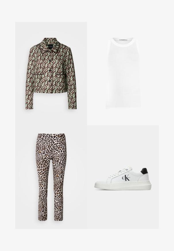 Marc Cain Blazer - dark wood; Débardeur blanc sans manches en tissu côtelé, doté d'un col rond et de bords sans coutures pour un ajustement doux.; Pantalons à imprimé léopard dans un mélange de beige, marron et noir, avec un design ajusté et un ourlet évasé, présentant une fermeture à bouton à l'avant.; Baskets basses blanches avec un tab de talon noir, semelle plateforme, lacets et logo "CK" de Calvin Klein sur le côté.