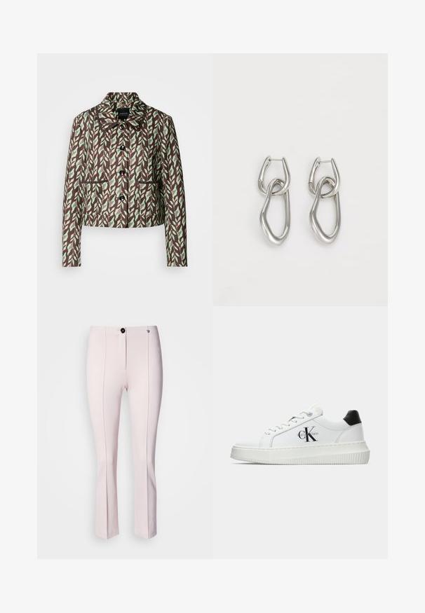 Marc Cain Blézer - dark wood; Fehér ujjatlan trikó, bordás anyagból készült, kerek nyakkivágással és varrat nélküli élekkel a sima illeszkedés érdekében.; Rózsaszín szabott nadrág enyhe harangszóval, elülső gombzárással, két függőleges varrással és sima textúrával.; Fehér alacsony szárú edzőcipő fekete saroktabbal, platform talppal, fűzőkkel és Calvin Klein "CK" logóval az oldalán.; Calvin Klein STATEMENT LINKS - Fülbevalók - silver-coloured