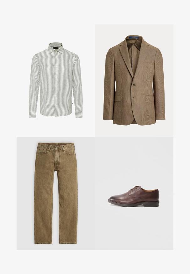 Pruun houndstooth ülikond, millel on kitsekaelus, kaks eesmist taskut ja üks nööp sulgemiseks. Tekstuuriga kangas, mis näeb välja poleeritud.; Hallid halli ja valge triibuline nööbiga särk pika varrukaga, klassikalise kraega ja eest nööpidega; omab tekstuuri ning igapäevast disaini.; Soehised pruunid denimpüksid sirge jala disainiga, viie tasku stiiliga ja vasktooni riistvara. Tekstureeritud kangas, millel on nähtavad õmbluse detailid.; Pruunist nahast meestele mõeldud ametlik king, millel on sile viimistlus ja kistetud kontsad valgel taustal.