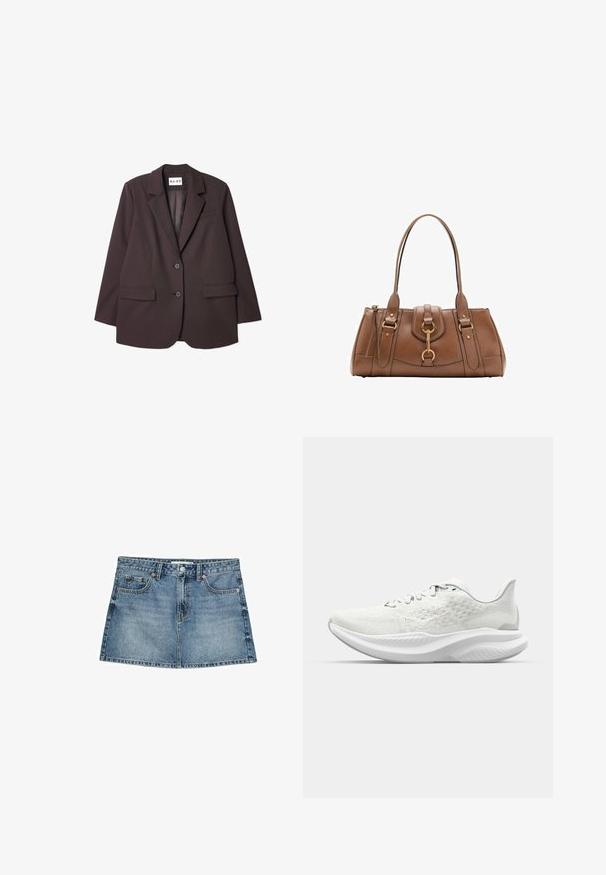 NA-KD Blazer - brown; Stradivarius GATHERED HALTER - Top - white; Gonna in denim blu chiaro, presenta cinque tasche, chiusura con bottone e orlo leggermente svasato, con una texture usurata e dettagli sbiaditi.; Scarpe sportive bianche con una tomaia texturizzata, design con lacci e una suola imbottita con un profilo ondulato. Branding discreto sul lato.; Borsa a mano in pelle marrone con doppi manici, accenti in metallo dorato e design strutturato. Presenta una patta centrale con un dettaglio ad anello.