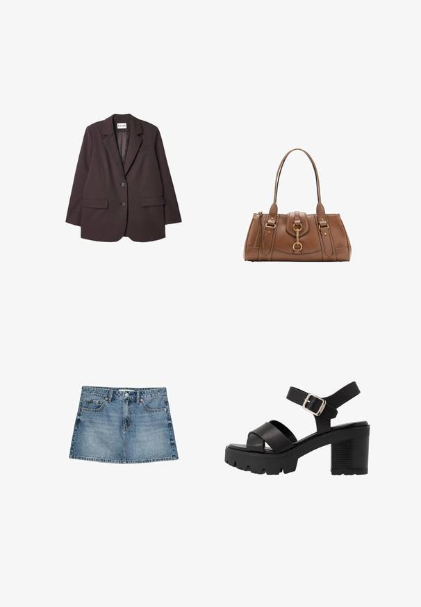 NA-KD - Żakiet; Stradivarius - Top; Jasnoniebieska spódnica dżinsowa, posiadająca pięć kieszeni, zapięcie na guziki oraz lekko rozszerzany dół, z zużytym teksturą i wyblakłymi detalami.; mtng SABA - Sandały na obcasie; Brązowa skórzana torebka z podwójnymi uchwytami, złotymi detalami i strukturalnym designem. Posiada centralną klapę z ozdobnym detalem w postaci pętli.