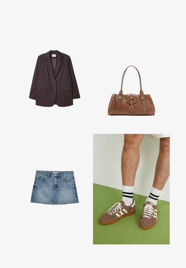 NA-KD Blazer - brown; Stradivarius GATHERED HALTER - Top - white; Jeansrock in Hellblau, mit fünf Taschen, Knopfverschluss und leicht ausgestellt geschnittenem Saum, mit einer abgetragenen Textur und verblassten Details.; Braune Wildleder-Sneaker mit weißen Akzenten und Schnürsenkeln. Gummisohle in Kautschuk-Optik. Getragen mit weißen Socken, die schwarze Streifen haben. Grüner strukturierter Fußboden.; Braune Lederhandtasche mit doppelten Griffen, goldenen Hardware-Akzenten und strukturiertem Design. Verfügt über eine zentrale Klappe mit einem Schlaufen-Detail.