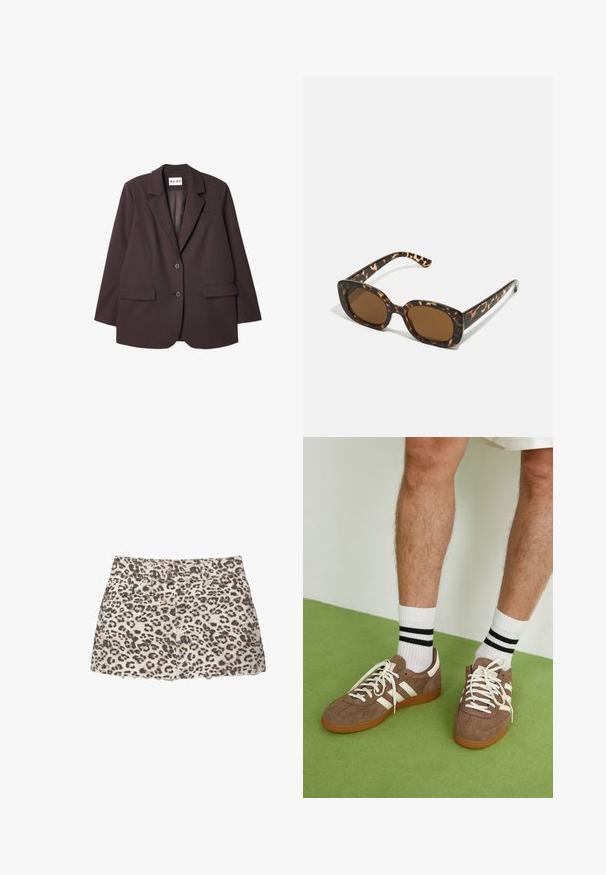 NA-KD Blazer - brown; Stradivarius GATHERED HALTER - Top - white; Leren minirok met luipaardprint en een rafelige zoom, met voorzakken en een klassieke tailleband met twee metalen knopen.; Bruine suède sneakers met witte accenten en veters. Rubberen gumzool. Draag met witte sokken met zwarte strepen. Groene gestructureerde vloer.; Tortoiseshell zonnebril met een ronde, stevige montuur en bruine lenzen. Heeft subtiele patronen en rechte, taps toelopende veren.; Bruine leren handtas met dubbele handvatten, gouden hardware accenten en gestructureerd ontwerp. Beschikt over een centrale klep met een lusdetails.