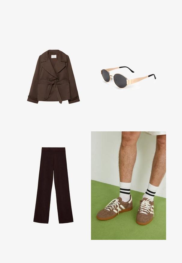 Hnedá bunda z bavlnenej zmesi s dvojradovým zapínaním, širokými klopami, bočnými vreckami a opaskom. Hladká textúra a prispôsobený strih.; Bezrukávový sveter v tmavohnedej farbe, vyrobený z mäkkej, štruktúrovanej tkaniny. Disponuje okrúhlym výstrihom a rebrovanými okrajmi na otvárach pre ruky a na leme.; Hnedé nohavice s širokými nohavicami z mäkkej tkaniny, s hrubým pásom a hladkou textúrou, bez viditeľných vzorov alebo kovových prvkov.; Hnedé zamatové tenisky s bielymi akcentmi a šnúrkami. Gumová podrážka. Nosené s bielymi ponožkami so čiernymi pruhmi. Zelená textúrovaná podlaha.; Okuliare v zlatej farbe v oválnom tvare s tmavými šošovkami, ktoré majú štýlový dizajn, tenké ramienka a čierny akcent na spánku. Model číslo L37.; Hnedá semišová kabelka so širokým, mäkkým uchom a zaobleným tvarom. Obsahuje dve bočné vrecká a hladký povrch bez viditeľného kovania.