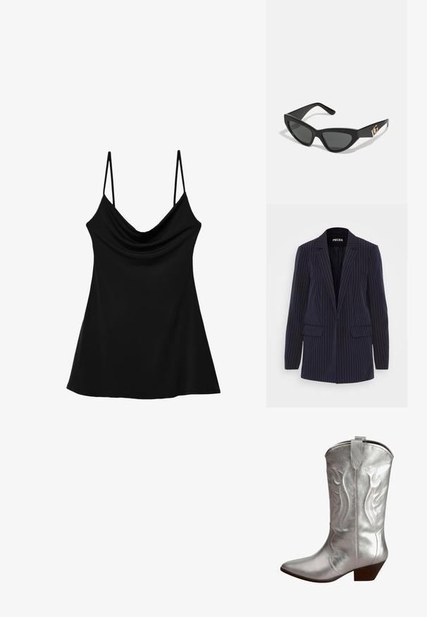 Mornarsko modra blazer s prugami, z ožjimi revami, dolgimi rokavi, žepki s poklopcem in prilagojenim krojem.; Črna brezrokavna majica z ovratnikom v stilu cowl, izdelana iz gladkega materiala. Ima tanke nastavljive naramnice in razširjen, tekoč silhueto.; Srebrna metalizirana kavbojka z usnjenim konicami, dekorativnim šivom in nizko skladno peto. Ima tudi zanko na vrhu za enostavno obuvanje.; Sončne naočale v mačjem stilu z mat črnim plastičnim okvirjem, temnimi lečami in zlatim logotipom na tempeljih. Kotačast dizajn in gladka tekstura.; Michael Kors denarnica v bež lakiranem platnu z mišičnim vzorcem ponavljajočega se logotipa MK, z zlatim okovjem in snemljivo verižico.