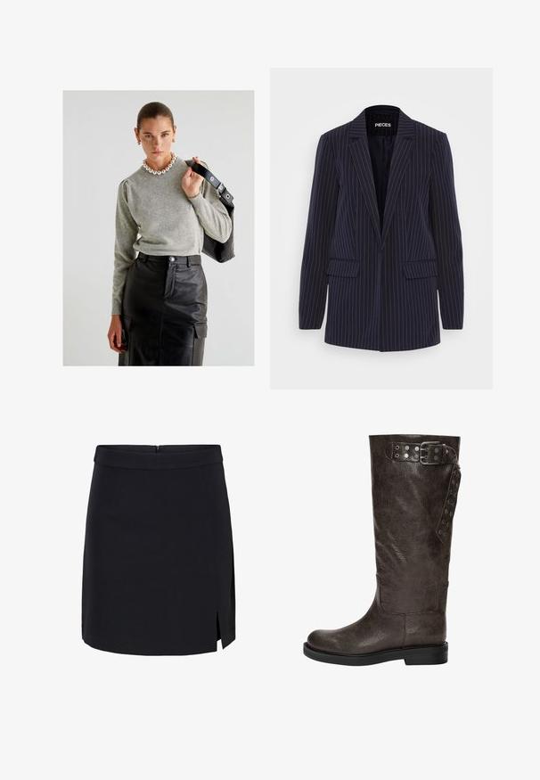 Blazer blu navy a righe con rever a punta, maniche lunghe, tasche a pattina e vestibilità sartoriale.; Maglione grigio a maglia con scollatura rotonda e maniche a sbuffo, abbinato a una gonna nera in pelle a vita alta con tasche e cintura.; Gonna mini nera realizzata in tessuto liscio con vita aderente, caratterizzata da uno spacco laterale e una chiusura con zip invisibile sul retro.; Stivale in pelle marrone fino al ginocchio con una finitura texturizzata, dotato di una fibbia e di dettagli a scatto laterali, e una suola di gomma piatta.