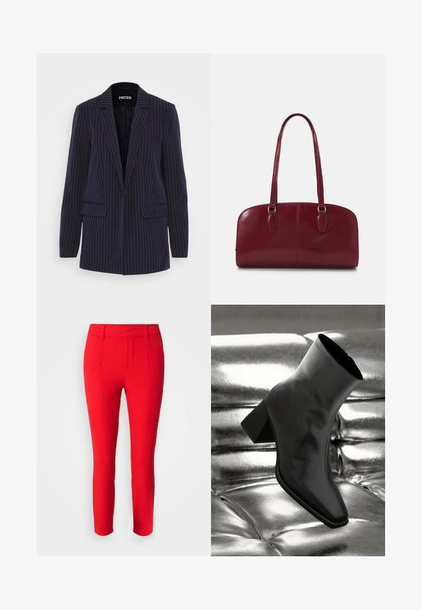 Tamsiai mėlynas juostuotas švarkas su įpjovimais, ilgomis rankovėmis, kišenėmis su atvartais ir pritaikytu siluetu.; Ilgų rankovių, didelio kaklo viršus, padengtas sidabro spalvos blizgučiais. Šis drabužis pasižymi lygia tekstūra, prigludusia siluetu ir pūstu peties dizaino detalių.; Object OBJLISA - Kelnės - flame scarlet; Juodos kulkšnies botai, pagaminti iš blizgaus medžiagos, su kvadratine padu ir siauru kulnu, prieš blizgiai sidabrinį pūsto audinio foną.; Zign LEATHER - Rankinė - dark red