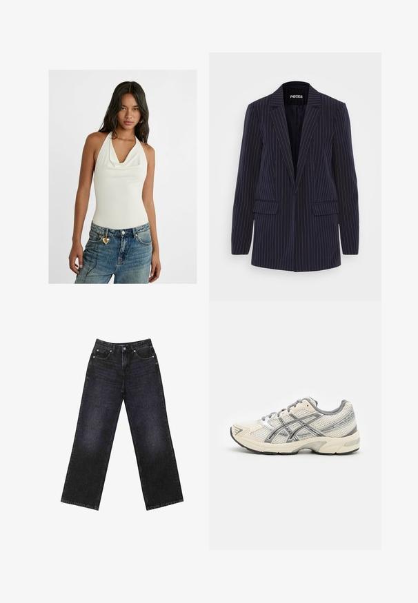 Marineblå blazer med smalle striber, med spaltestik, lange ærmer, klaplommer og en skræddersyet pasform.; Hvid ærmeløs bodystocking med draperet cowl halsudskæring, parret med lyseblå baggy denim jeans med et hjerteformet charms på bæltestroppen.; Højtaljede sorte denim jeans med en bred benklip, fem-lomme design og synlig syning. Stoffet har en glat, let tekstureret finish.; Løbesko med en åndbar hvid mesh-overdel, sølvdetaljer, grå snørebånd og en holdbar sort gummisål. Letvægts, polstret design.