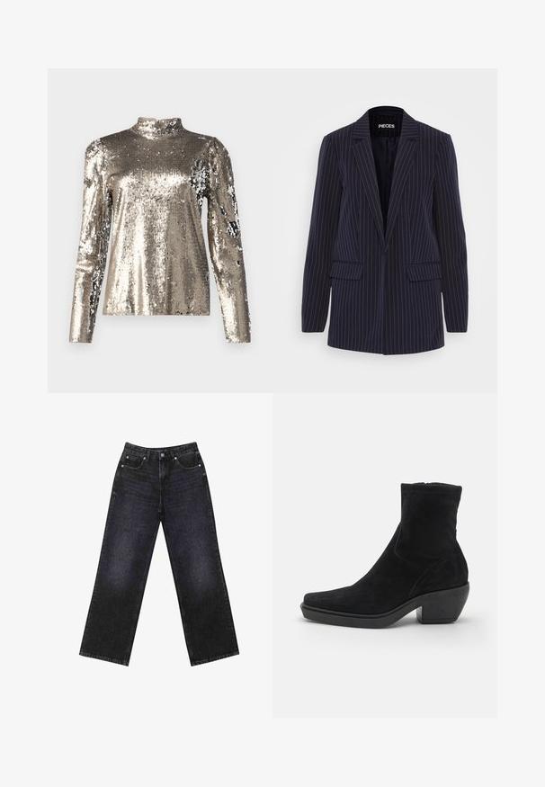 Mornarsko modra blazer s prugami, z ožjimi revami, dolgimi rokavi, žepki s poklopcem in prilagojenim krojem.; Dolga majica z visokim ovratnikom, prekrita s srebrnimi svetlečimi bleščicami. Ima gladko teksturo, oprijet kroj in detajle z nabranimi rameni.; Dva dolgih rokavov majic, ena črna in ena bela, narejeni iz mehkega bombažnega materiala, s okroglimi izrezi in skrajšano zasnovo.; Visoke črne-denim hlače z širokim krojem, zasnovane s petimi žepi in vidnimi šivi. Tkanina ima gladek, rahlo teksturiran videz.; Črne semiš gležnjarje z obliko kvadratnega nosu, nizko blok peto in gladko teksturo. Imajo prilegajoče zgornji del in minimalne šive.