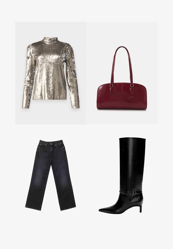 Navy blue pinstripe blazer with notched lapels, long sleeves, flap pockets, and a tailored fit.; Long-sleeve, high-neck top covered in silver sequins. Features a smooth texture with a fitted silhouette and puffed shoulder design details.; High-waisted black denim jeans with a wide-leg cut, five-pocket design, and visible stitching. Fabric has a smooth, slightly textured finish.; Black leather knee-high boot with pointed toe and a small heel. Features a narrow strap with a metallic buckle around the ankle. Smooth texture.; Zign LEATHER - Handbag - dark red