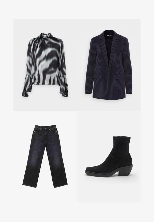 Marineblauer Nadelstreifen-Blazer mit Revers, langen Ärmeln, Klappentaschen und taillierter Passform.; Schwarze und graue Bluse aus glattem, seidigem Stoff. Mit hohem Kragen und ausgestellten Ärmeln, die ein wellenförmiges Batikmuster aufweisen.; Hoch taillierte schwarze Jeans aus Denim mit weitem Bein, Fünf-Taschen-Design und sichtbaren Nähten. Der Stoff hat eine glatte, leicht strukturierte Oberfläche.; Schwarze Wildleder-Stiefelette mit quadratischer Zehenform, niedrigem Blockabsatz und glatter Textur. Verfügt über einen eng anliegenden Schaft und minimalistische Steppnähte.