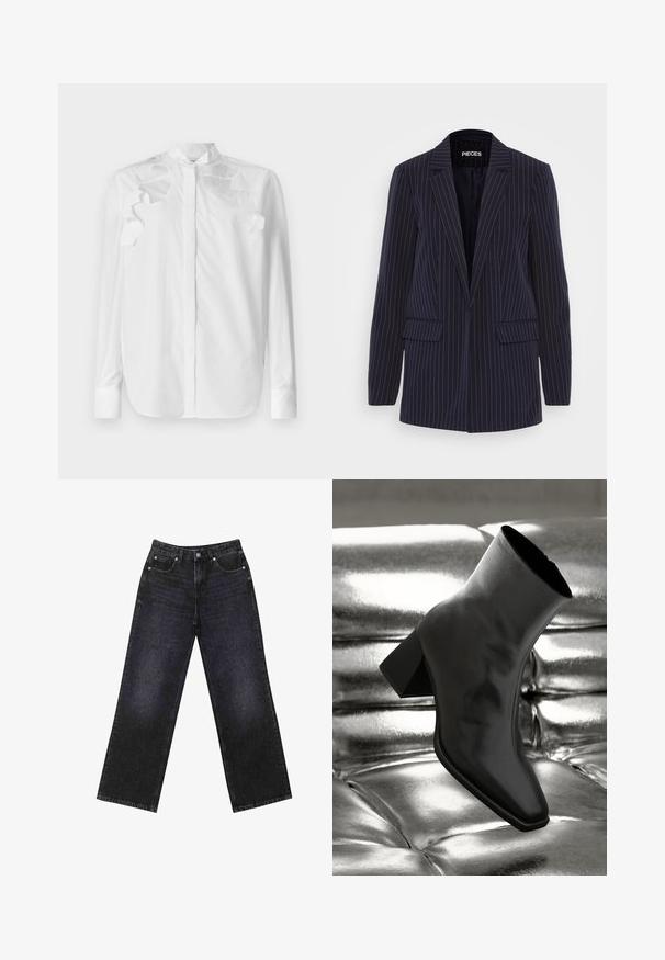 Marineblauer Nadelstreifen-Blazer mit Revers, langen Ärmeln, Klappentaschen und taillierter Passform.; Weißes Langarmhemd aus Baumwolle mit Stehkragen. Verfügt über gestufte Rüschendetails an den Schultern und eine Knopfleiste vorne.; Hoch taillierte schwarze Jeans aus Denim mit weitem Bein, Fünf-Taschen-Design und sichtbaren Nähten. Der Stoff hat eine glatte, leicht strukturierte Oberfläche.; Schwarzer Knöchelstiefel aus glänzendem Material mit quadratischer Zehenform und verjüngtem Absatz, vor einem glänzenden silbernen gepolsterten Hintergrund.