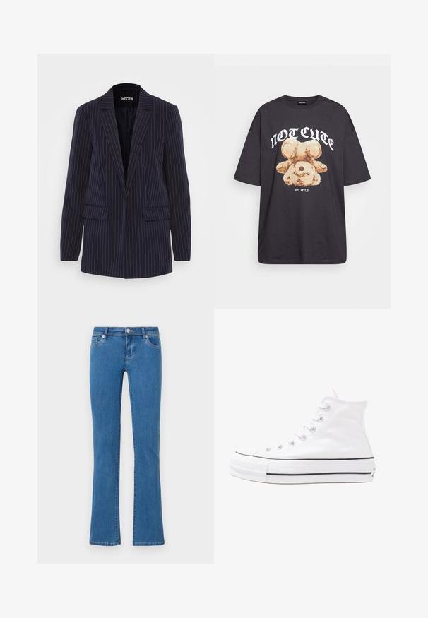 Granatowa marynarka w prążki z klapami, długim rękawem, kieszeniami z klapami i dopasowanym krojem.; Czarny, oversize t-shirt z grafiką niedźwiedzia i napisem „NIE UROCZY, ALE DZIKI” w grubej, białej czcionce. Materiał bawełniany.; Niebieskie dżinsy o rozszerzonym kroju z klasycznym pięciopunktowym wzorem. Materiał o średniej wadze, gładka faktura oraz detale w postaci szwów wzdłuż szwów.; Białe wysokie trampki z płótna z czarną gumową podeszwą, przednim czubkiem z gumy i sześcioma dziurkami na sznurowadła, charakteryzujące się prostym, minimalistycznym designem.