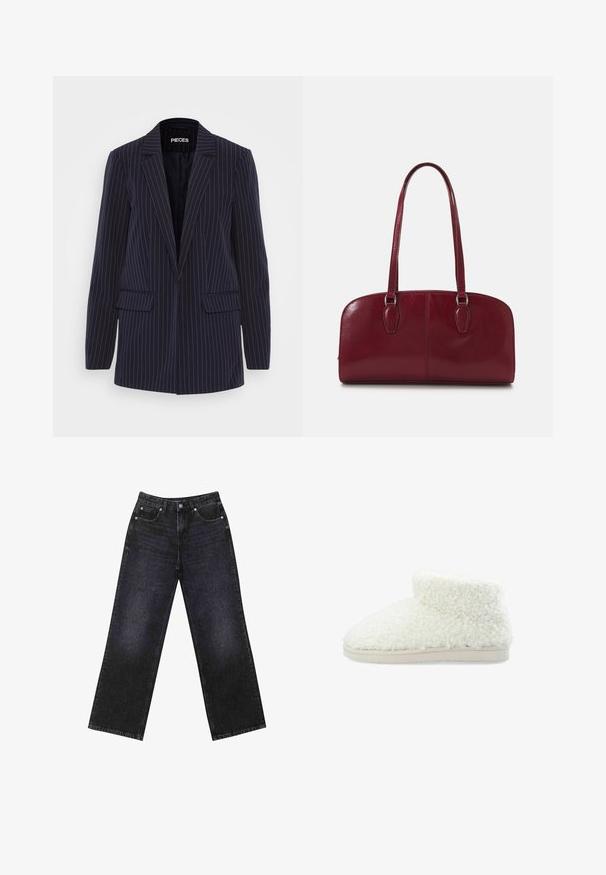 Marineblauer Nadelstreifen-Blazer mit Revers, langen Ärmeln, Klappentaschen und taillierter Passform.; Zwei Langarm-T-Shirts, eines schwarz und eines weiß, aus weichem Baumwollstoff, mit Rundhalsausschnitten und cropped Design.; Hoch taillierte schwarze Jeans aus Denim mit weitem Bein, Fünf-Taschen-Design und sichtbaren Nähten. Der Stoff hat eine glatte, leicht strukturierte Oberfläche.; Weiße, flauschige Knöchelstiefel aus weichem, strukturiertem Material mit einer flachen, beigen Sohle. Sie haben eine abgerundete Zehenpartie und einen umgeschlagenen oberen Rand für zusätzliche Wärme.; Zign LEATHER - Handtasche - dark red