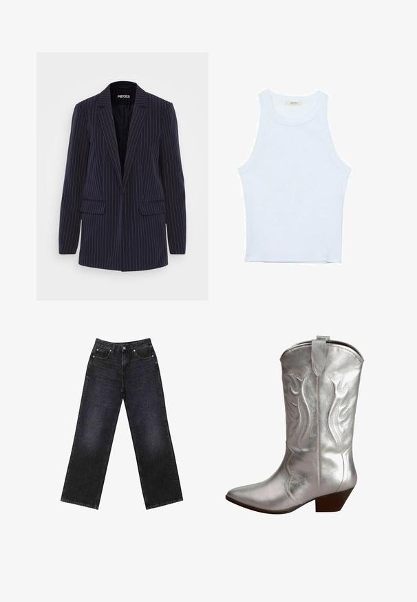 Mornarsko plavi sakoa s prugama, s reverima, dugim rukavima, preklopnim džepovima i krojem prilagođenim figuri.; Bijela majica na bretele, rebrasta tekstura, okrugli izrez, bez rukava, uski kroj, suptilno brendiranje na etiketici unutar područja ovratnika.; Crne traperice visokog struka s širokim nogavicama, dizajn s pet džepova i vidljivim šavovima. Tkanina ima glatku, blago teksturiranu završnu obradu.; Srebrne metalik kaubojice s otvrdnutim vrhom, ukrasnim šavovima i niskim složenim petama. Imaju uvučenu traku na vrhu za lakše oblačenje.