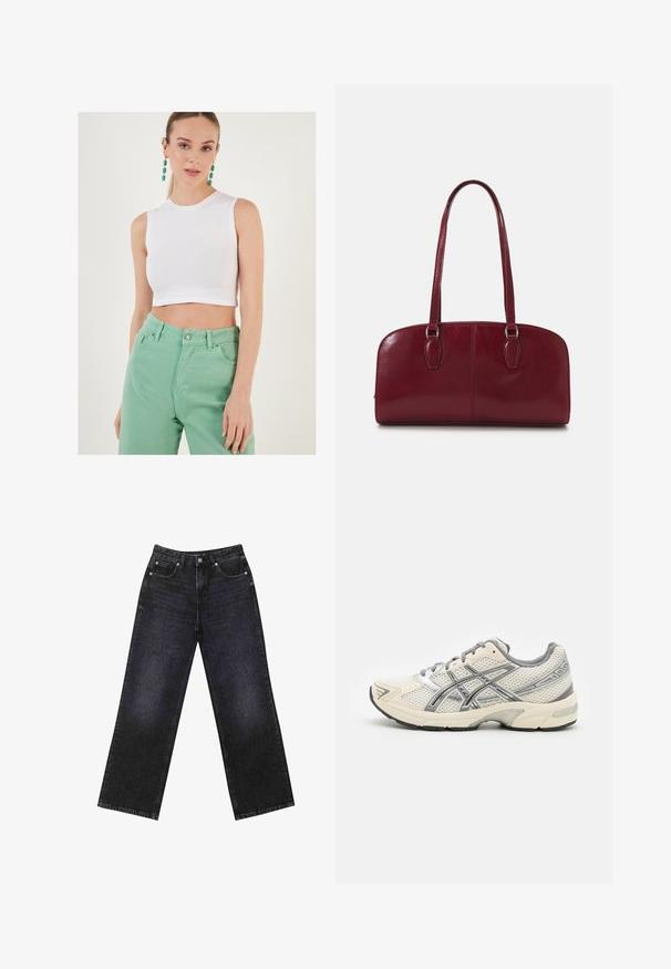 Marineblauw pinstripe blazer met geknipte revers, lange mouwen, klepzakken en een getailleerde pasvorm.; Witte, cropped, mouwloze top van katoen, gecombineerd met mintgroene jeans met hoge taille. De outfit heeft een eenvoudig ontwerp en een gladde textuur.; Hoge taille zwarte denim jeans met een wijde pijp, vijf zakken en zichtbare stiksel. De stof heeft een gladde, licht gestructureerde afwerking.; Hardloopschoenen met een ademend wit mesh bovenwerk, zilveren accenten, grijze veters en een duurzame zwarte rubberen zool. Lichtgewicht, gevoerd ontwerp.; Zign LEATHER - Handtas - dark red