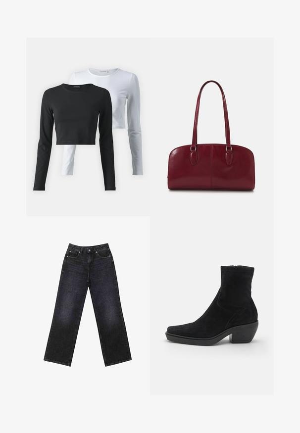 Mornarsko plavi sakoa s prugama, s reverima, dugim rukavima, preklopnim džepovima i krojem prilagođenim figuri.; Dva majice s dugim rukavima, jedna crna i jedna bijela, izrađene od mekog pamučnog materijala, s okruglim izrezima i skraćenim dizajnom.; Crne traperice visokog struka s širokim nogavicama, dizajn s pet džepova i vidljivim šavovima. Tkanina ima glatku, blago teksturiranu završnu obradu.; Crne antilop čizme do gležnja sa kvadratnim vrhom, niskom blok petom i glatkom teksturom. Imaju uski gornji deo i minimalne detalje šivanja.; Zign LEATHER - Ručna torba - dark red